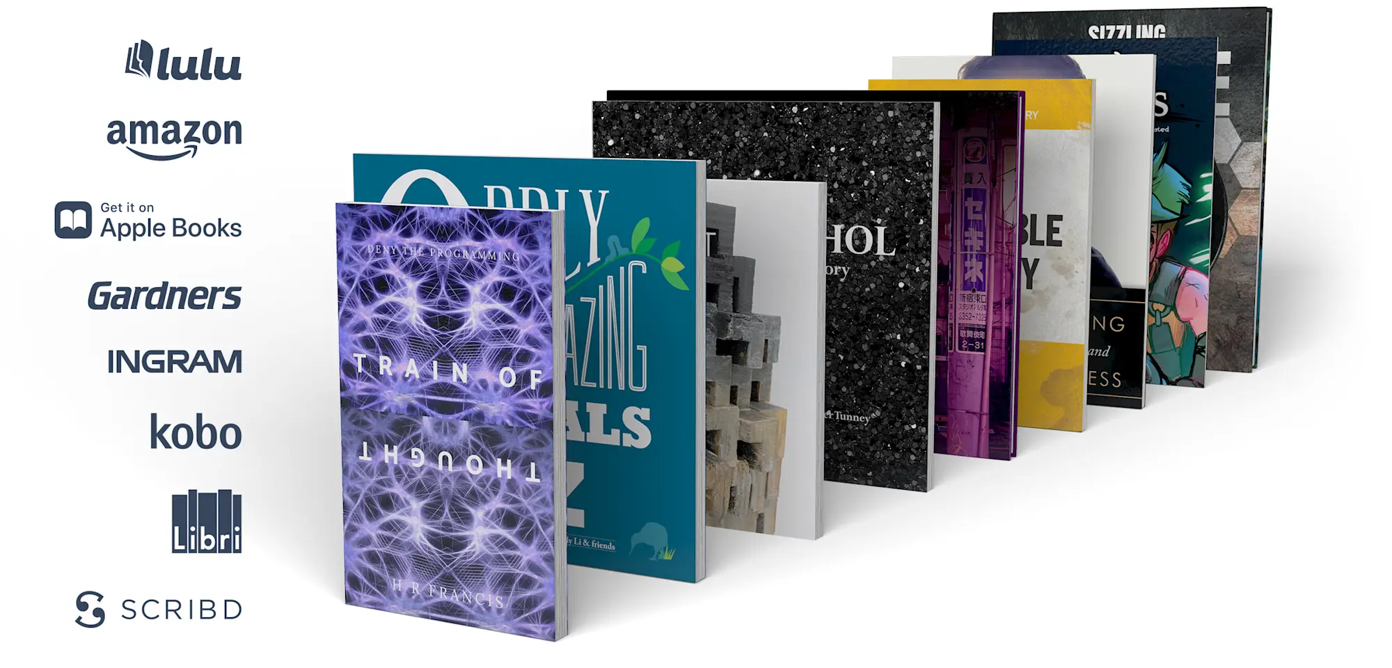 amazon, apple books, barnes & noble, gardners, google play, hachette, ingram, kobo, libri, scribed