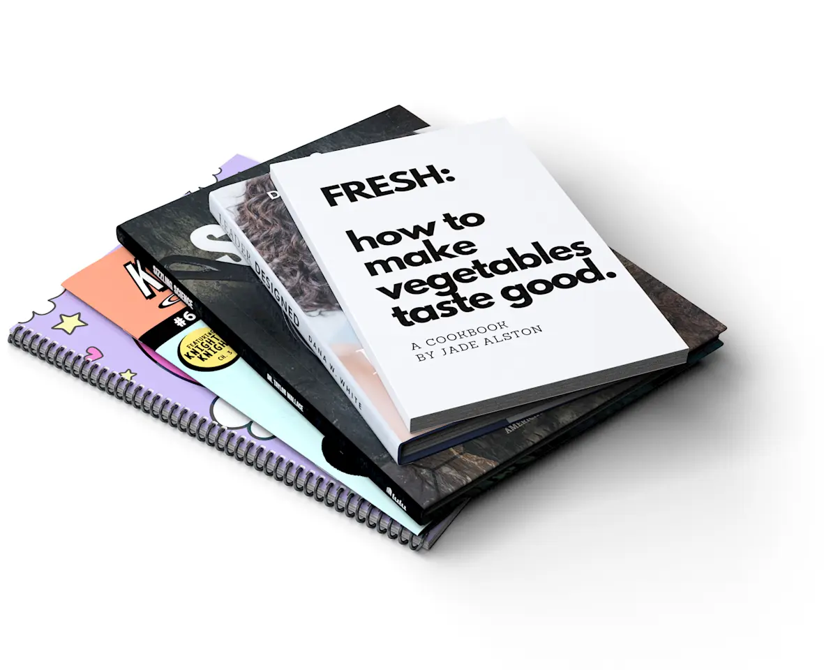 stack of lulu self published books the author is selling